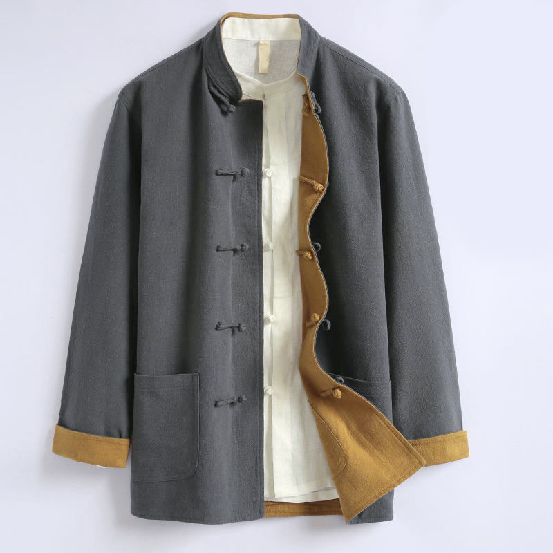 Buddha Stones春の中国風リバーシブルメンズフロッグボタンコットン長袖ジャケット - グレー - US/UK/AU44、EU54 (5XL) - image 0