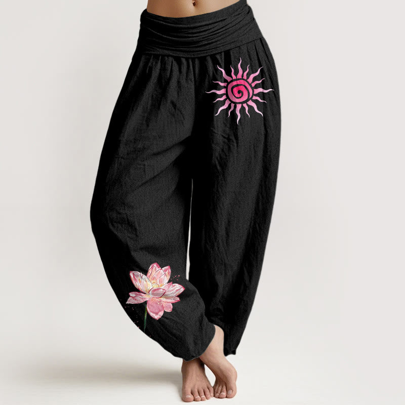 Buddha Stones コットン 蓮の花 太陽柄 レディース 伸縮性ウエスト ハーレムパンツ - 黒 - US16、 UK/AU20、 EU48 (3XL) - image 0