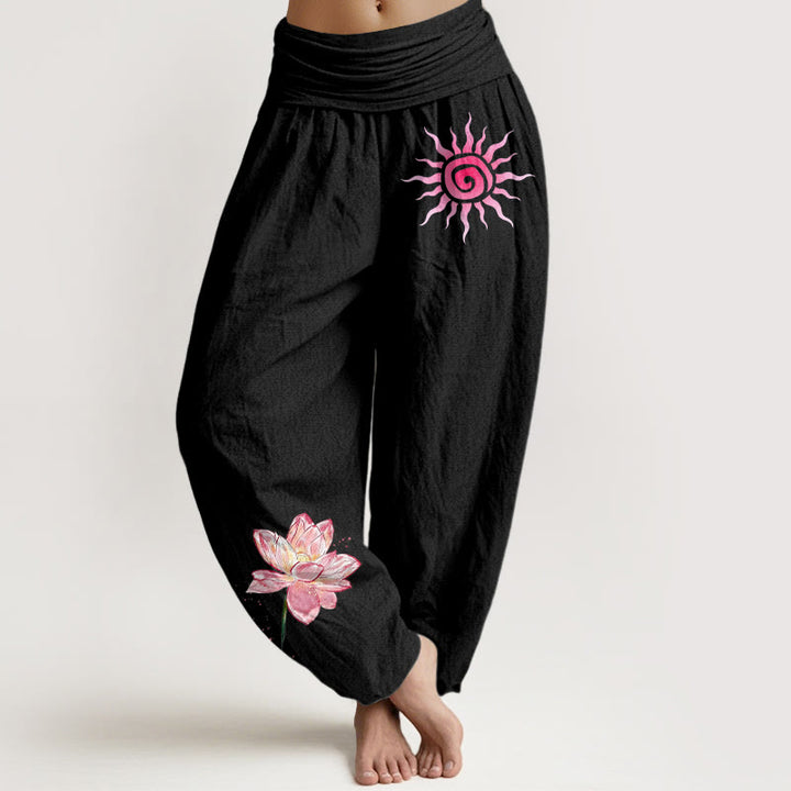 Buddha Stones コットン 蓮の花 太陽柄 レディース 伸縮性ウエスト ハーレムパンツ - 黒 - US16、 UK/AU20、 EU48 (3XL) - image 0