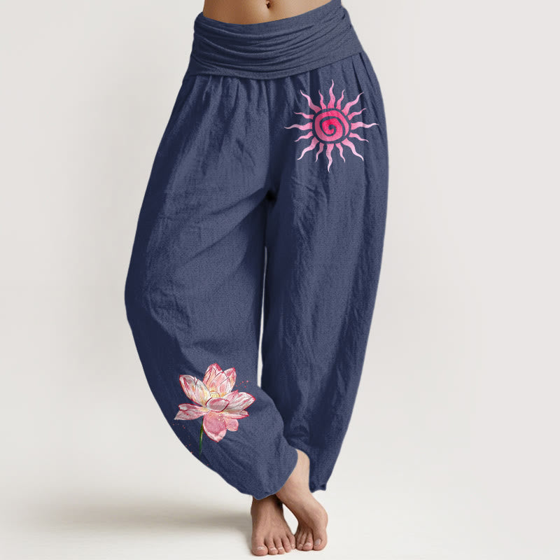 Buddha Stones コットン 蓮の花 太陽柄 レディース 伸縮性ウエスト ハーレムパンツ - ダークスレートブルー - US16、 UK/AU20、 EU48 (3XL) - image 5