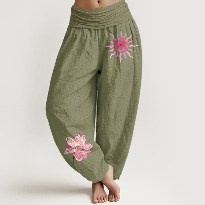 Buddha Stones コットン 蓮の花 太陽柄 レディース 伸縮性ウエスト ハーレムパンツ - オリーブドラブ - US16、 UK/AU20、 EU48 (3XL) - image 14