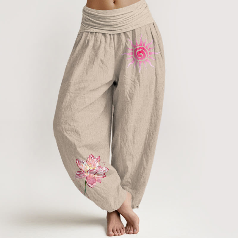 Buddha Stones コットン 蓮の花 太陽柄 レディース 伸縮性ウエスト ハーレムパンツ - タン - US16、 UK/AU20、 EU48 (3XL) - image 11