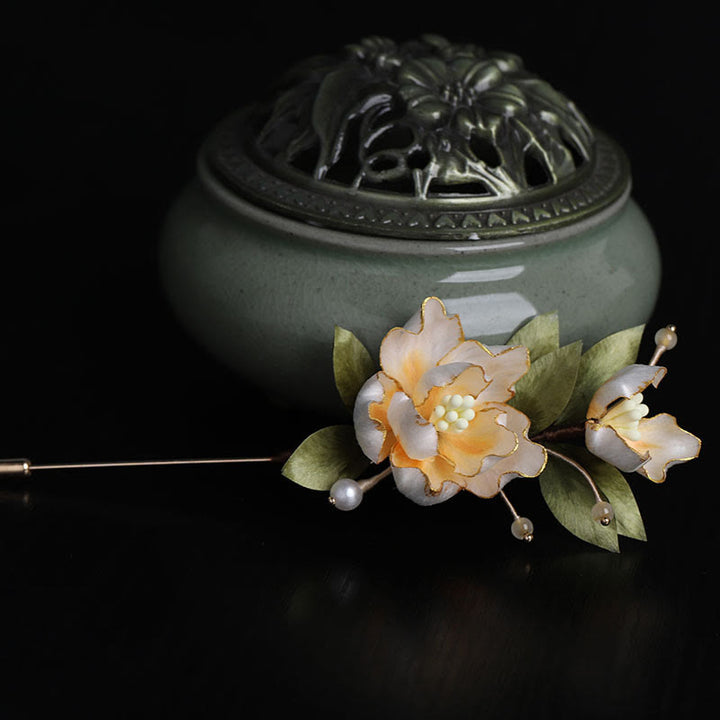 Buddha Stones 手作りシルクアートの黄金の牡丹の花の幸運繁栄のブローチ - image 2