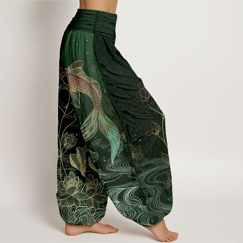 Buddha Stones 蓮の鯉レディース伸縮性ウエストピュアコットンハーレムパンツ - image 7