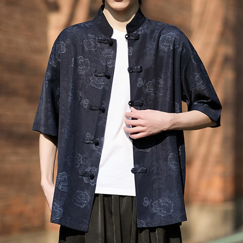 Buddha Stones レトロなフロッグボタン、マンダリンカラー、花柄ジャカード、メンズ半袖シャツ - image 17