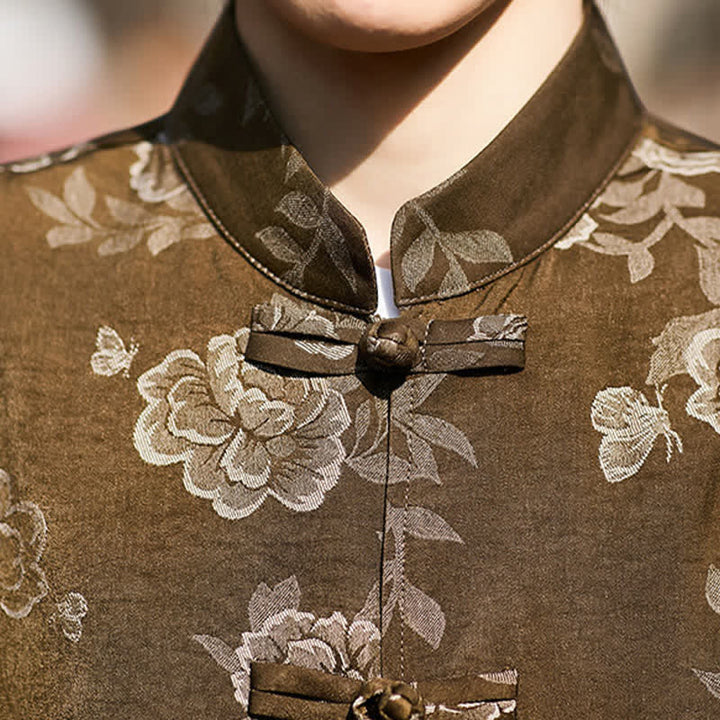 Buddha Stones レトロなフロッグボタン、マンダリンカラー、花柄ジャカード、メンズ半袖シャツ - image 8