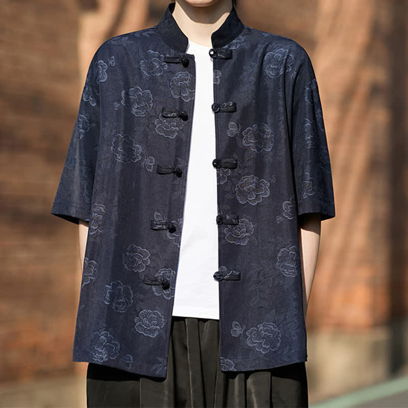 Buddha Stones レトロなフロッグボタン、マンダリンカラー、花柄ジャカード、メンズ半袖シャツ - image 16