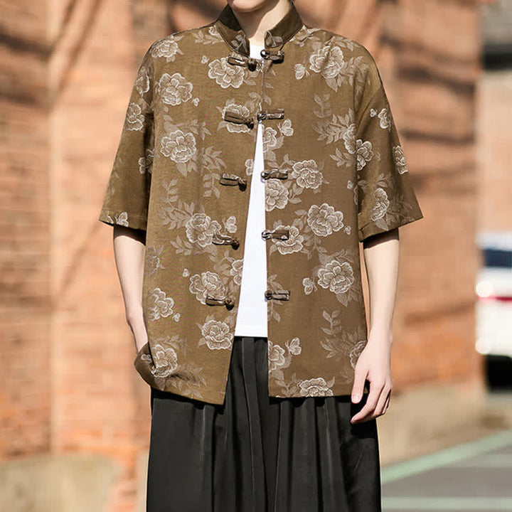 Buddha Stones レトロなフロッグボタン、マンダリンカラー、花柄ジャカード、メンズ半袖シャツ - ペルー - US/UK/AU46、 EU56 (5XL) - image 0