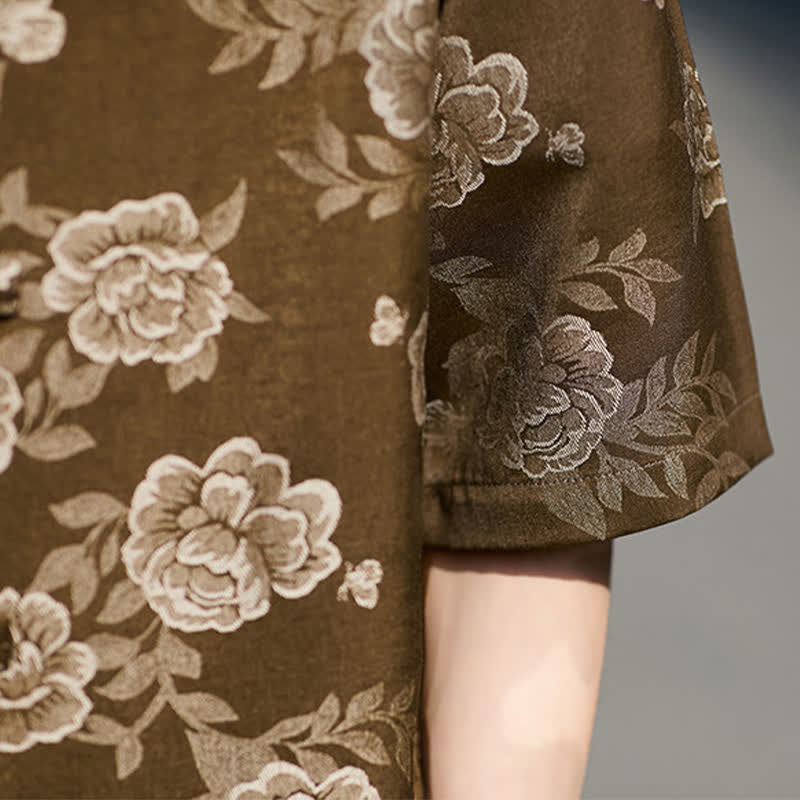 Buddha Stones レトロなフロッグボタン、マンダリンカラー、花柄ジャカード、メンズ半袖シャツ - image 9