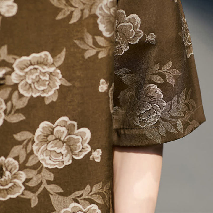 Buddha Stones レトロなフロッグボタン、マンダリンカラー、花柄ジャカード、メンズ半袖シャツ - image 9