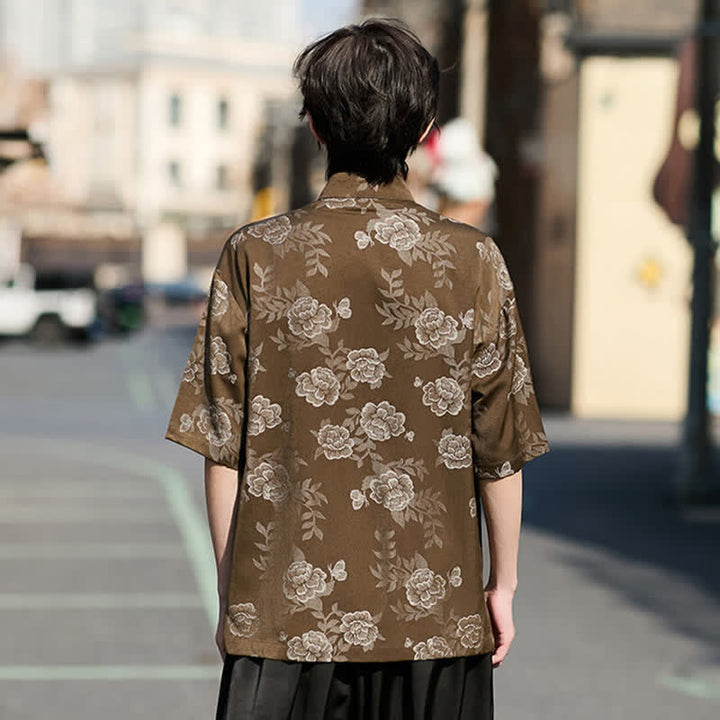 Buddha Stones レトロなフロッグボタン、マンダリンカラー、花柄ジャカード、メンズ半袖シャツ - image 6