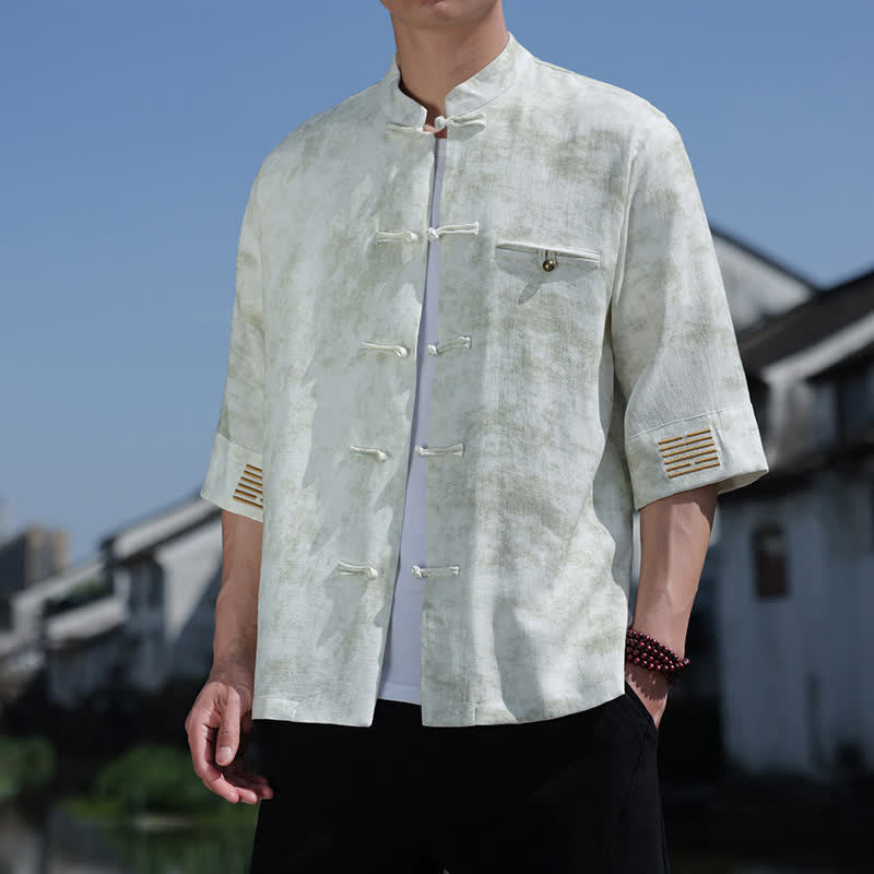 Buddha Stones カエルボタン模様刺繍入り半袖唐装メンズリネンシャツ - 甘露 - US/UK/AU46、 EU56 (5XL) - image 0