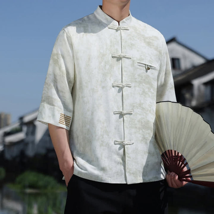 Buddha Stones カエルボタン模様刺繍入り半袖唐装メンズリネンシャツ - image 2