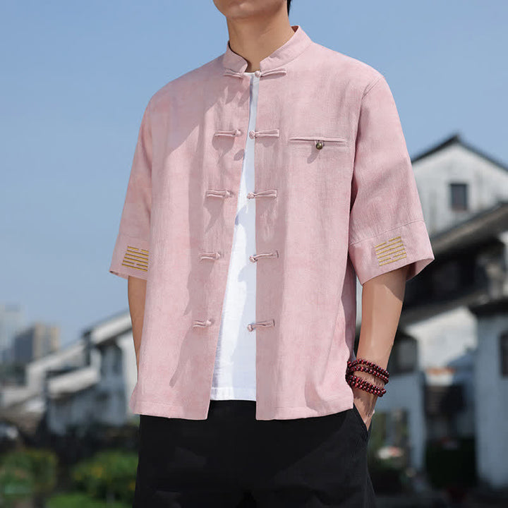 Buddha Stones カエルボタン模様刺繍入り半袖唐装メンズリネンシャツ - ライトピンク - US/UK/AU46、 EU56 (5XL) - image 12