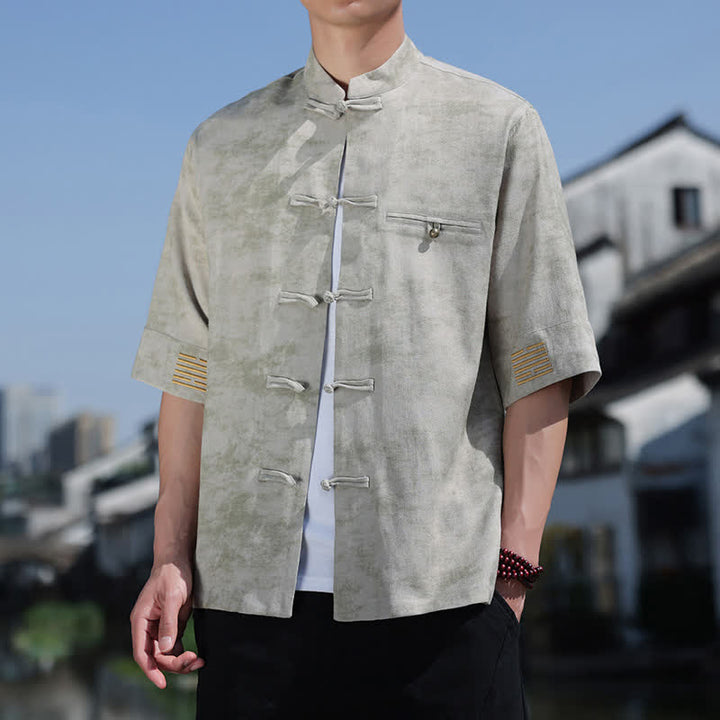 Buddha Stones カエルボタン模様刺繍入り半袖唐装メンズリネンシャツ - 銀 - US/UK/AU46、 EU56 (5XL) - image 9