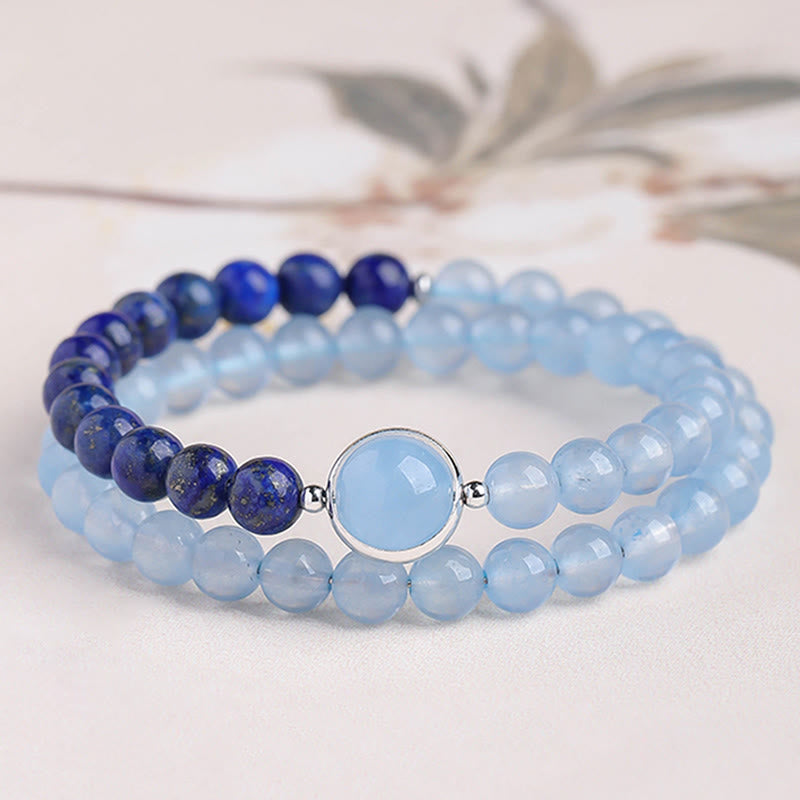 Buddha Stones 天然アクアマリン（ラピスラズリ）ヒーリングブレスレット - ダブルラップブレスレット（手首周り：14～15cm） - image 1