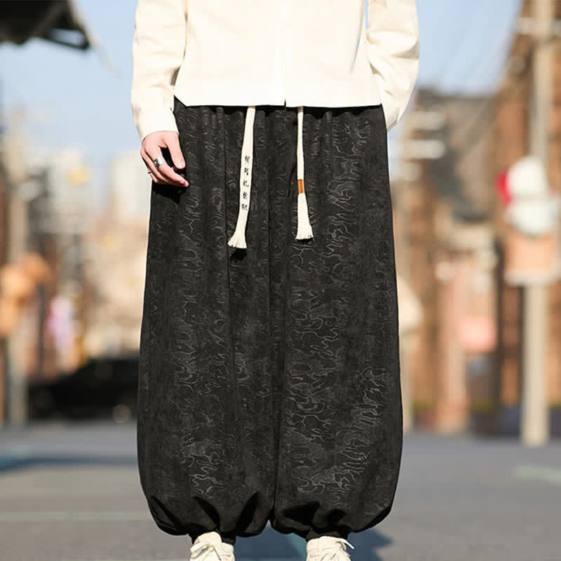 Buddha Stones ブラックジャカードドローストリングゴムカフメンズハーレムパンツ（ポケット付き） - image 0