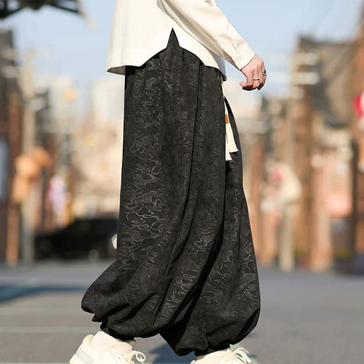 Buddha Stones ブラックジャカードドローストリングゴムカフメンズハーレムパンツ（ポケット付き） - image 6