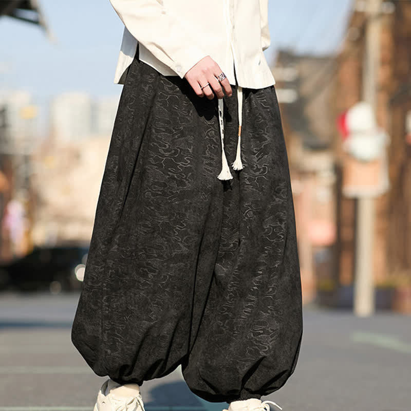 Buddha Stones ブラックジャカードドローストリングゴムカフメンズハーレムパンツ（ポケット付き） - image 3