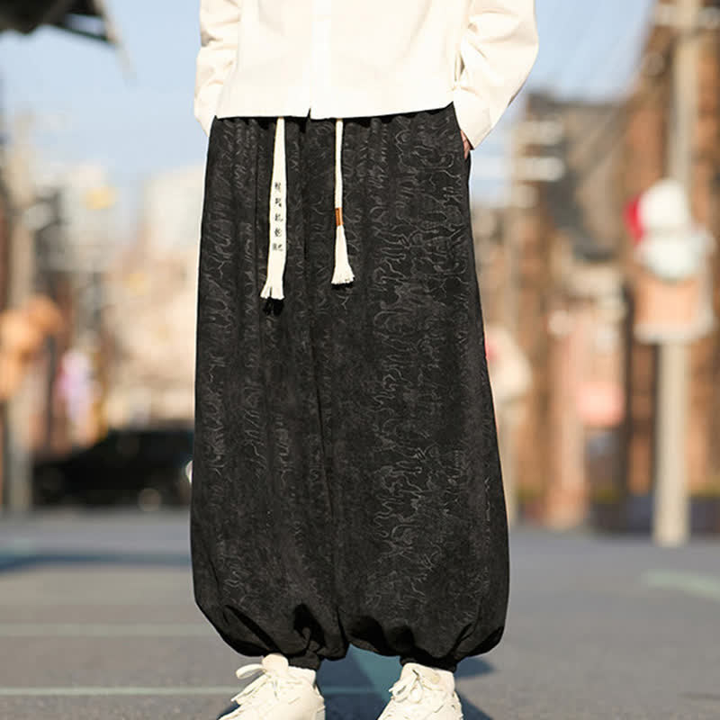 Buddha Stones ブラックジャカードドローストリングゴムカフメンズハーレムパンツ（ポケット付き） - image 2