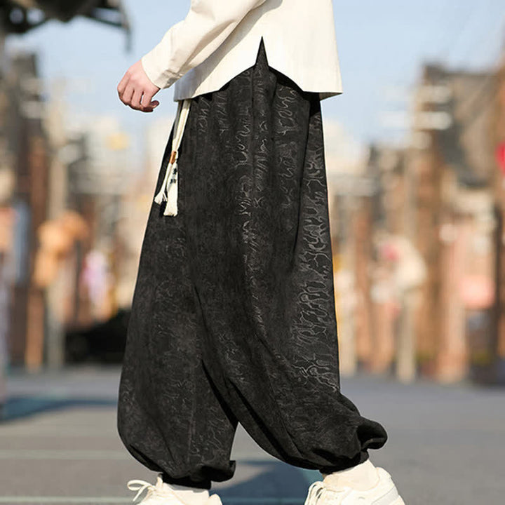 Buddha Stones ブラックジャカードドローストリングゴムカフメンズハーレムパンツ（ポケット付き） - image 4