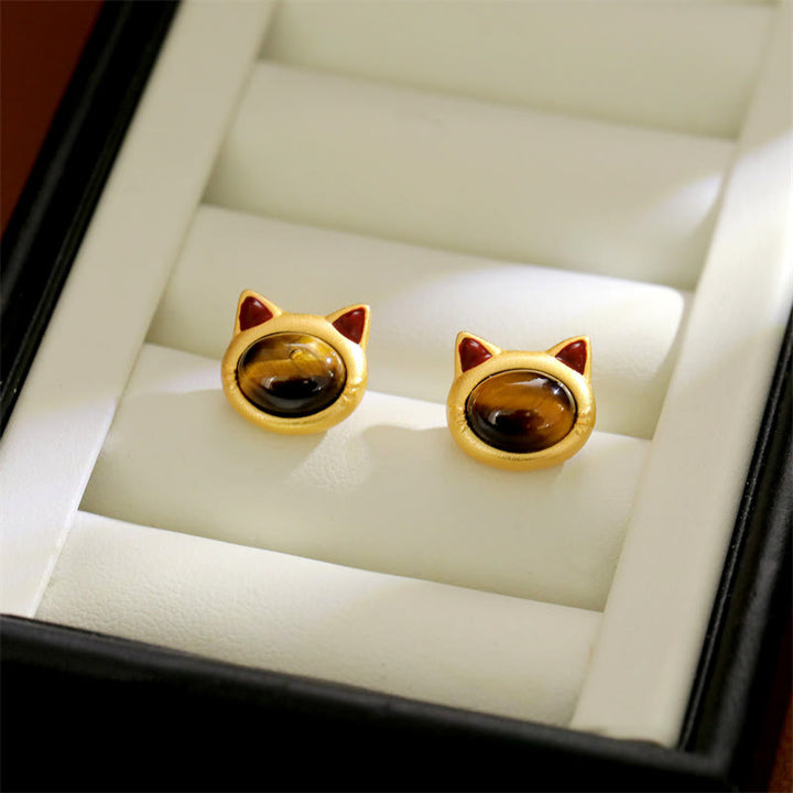 Buddha Stones ターコイズとタイガーアイの猫の頭のデザインが施された銅製の保護スタッドピアス - タイガーアイ（925スターリングシルバー製ポスト） - image 6