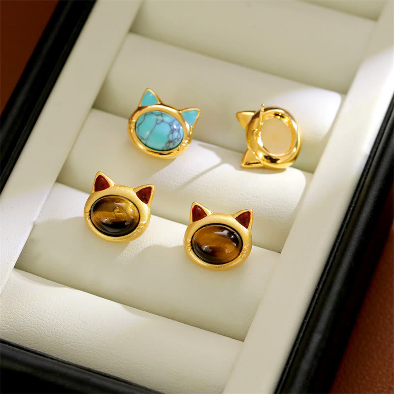Buddha Stones ターコイズとタイガーアイの猫の頭のデザインが施された銅製の保護スタッドピアス - image 11