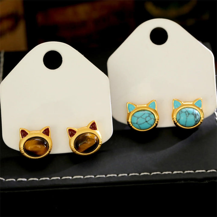 Buddha Stones ターコイズとタイガーアイの猫の頭のデザインが施された銅製の保護スタッドピアス - image 10