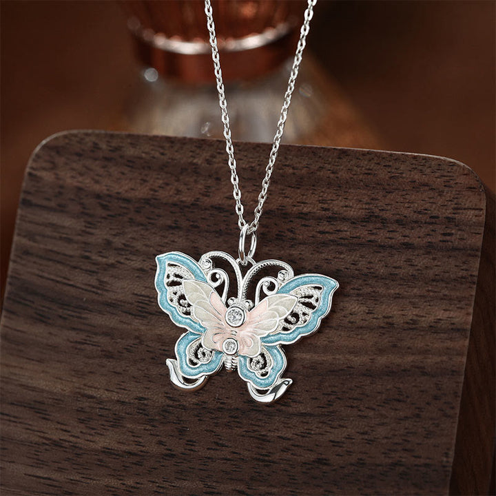 Buddha Stones 999スターリングシルバー製バタフライブルーエナメルプロテクションネックレスペンダント - image 2