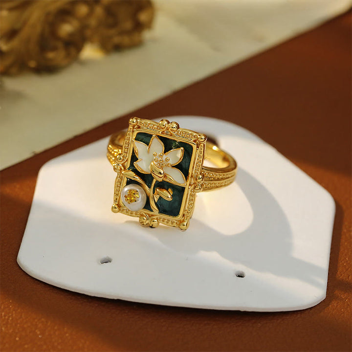 Buddha Stones ヴィンテージ油絵蓮の花真珠銅製富の指輪 - image 4