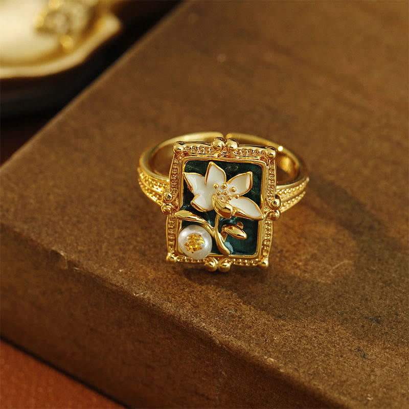 Buddha Stones ヴィンテージ油絵蓮の花真珠銅製富の指輪 - image 1