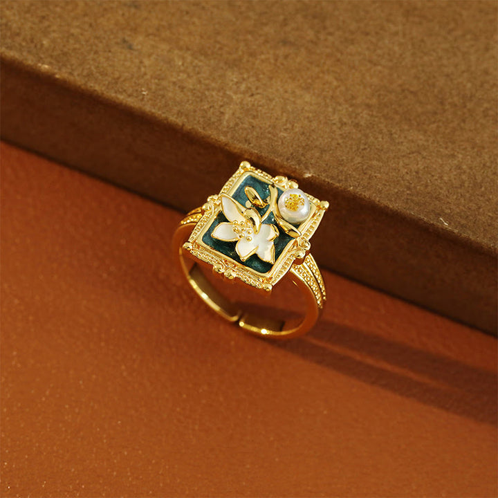 Buddha Stones ヴィンテージ油絵蓮の花真珠銅製富の指輪 - image 6