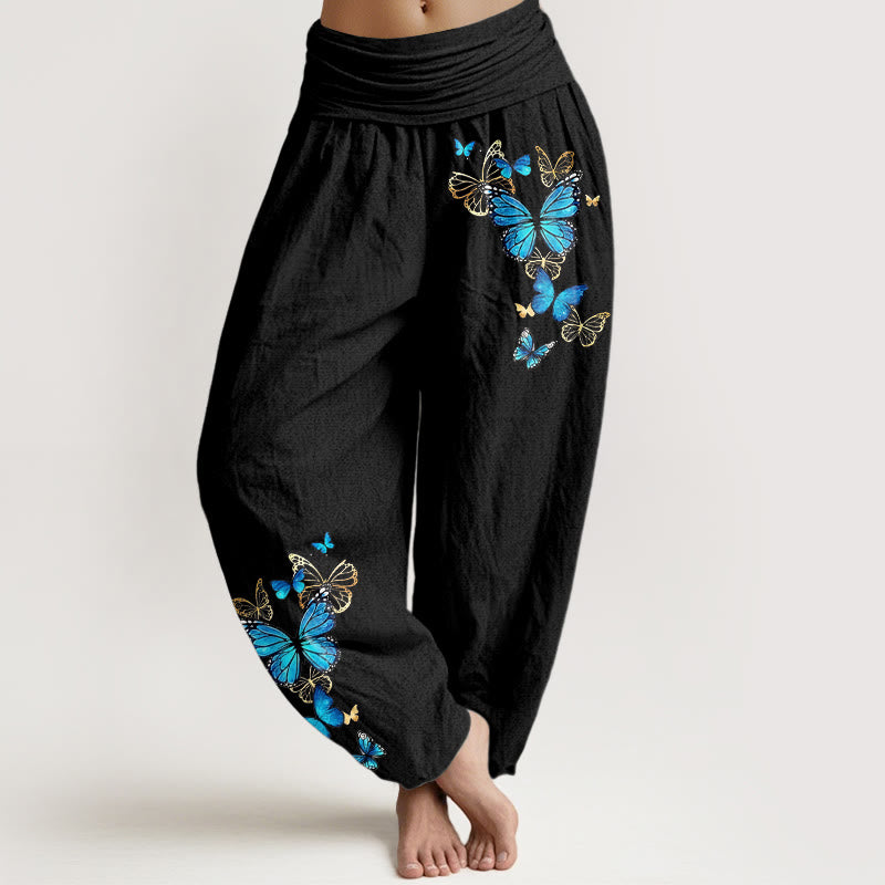 Buddha Stones コットン製蝶柄レディースゴムウエストハーレムパンツ - 黒 - US16、 UK/AU20、 EU48 (3XL) - image 0