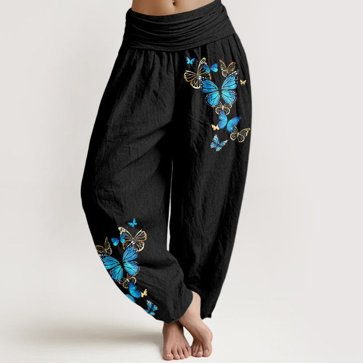 Buddha Stones コットン製蝶柄レディースゴムウエストハーレムパンツ - 黒 - US16、 UK/AU20、 EU48 (3XL) - image 0