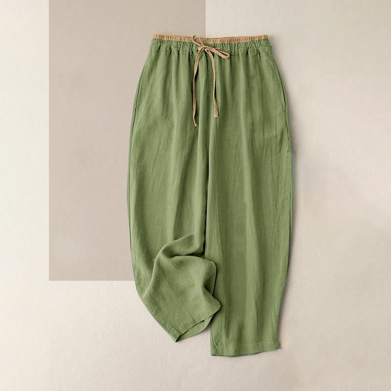 レディース コットンリネン ワイドパンツ 無地 ポケット付き ウエスト紐 カジュアル Buddha Stones - ライトグリーン - US16、 UK/AU20、 EU48 (3XL) - image 8
