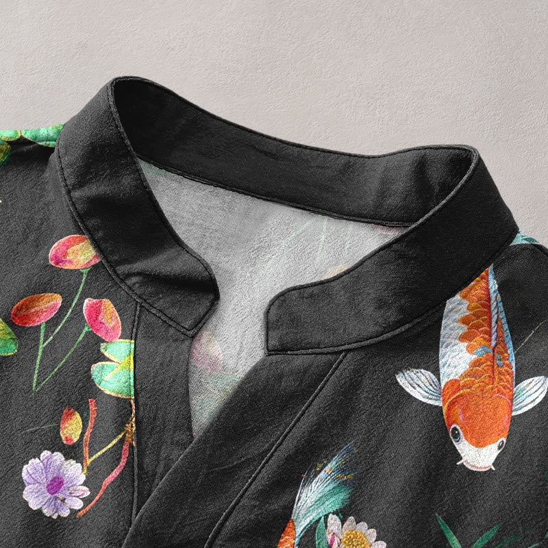 Buddha Stones コットン製鯉と蓮の模様のメンズ半袖ハーフボタンシャツ - image 2