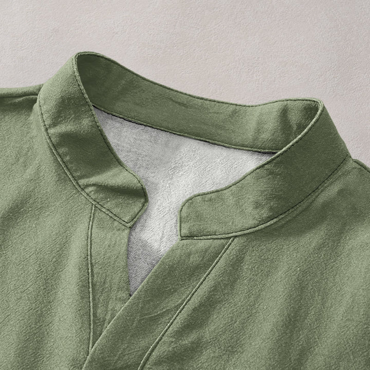 Buddha Stones コットン素材、シンプルな赤い太陽と竹の模様のメンズ半袖ハーフボタンシャツ - image 2