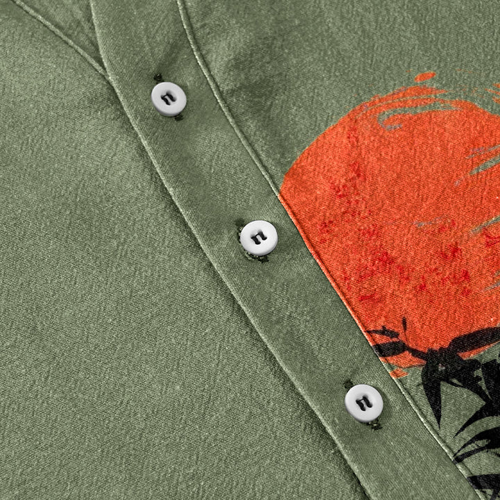 Buddha Stones コットン素材、シンプルな赤い太陽と竹の模様のメンズ半袖ハーフボタンシャツ - image 3