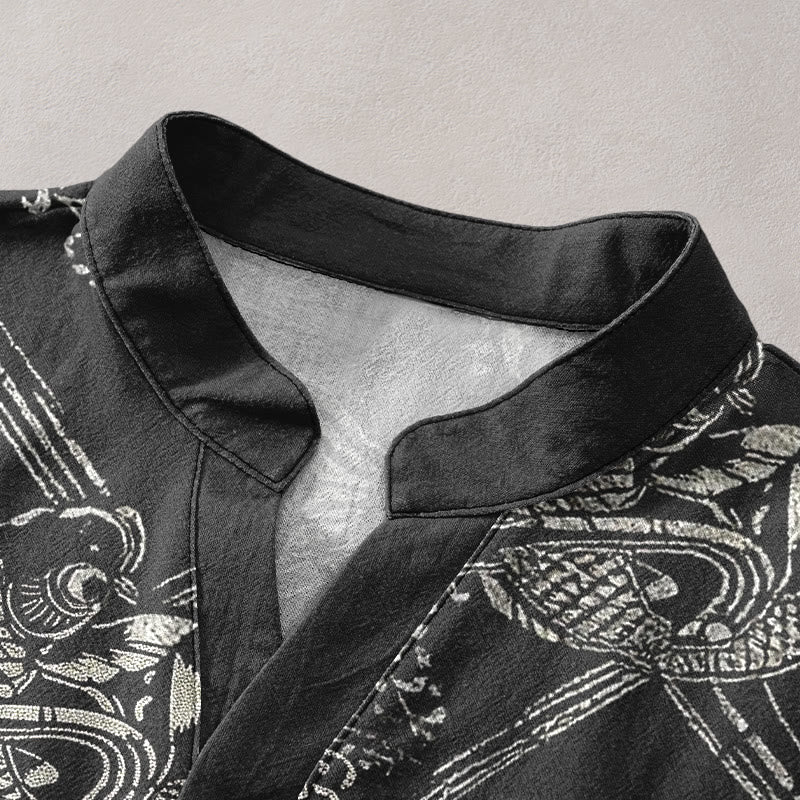 Buddha Stones コットン製鯉竹模様メンズ半袖ハーフボタンシャツ - image 2