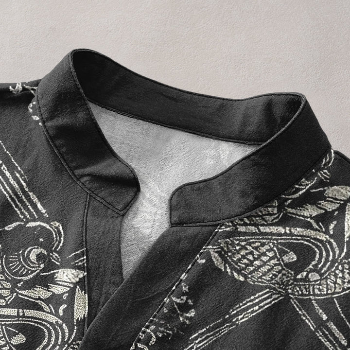 Buddha Stones コットン製鯉竹模様メンズ半袖ハーフボタンシャツ - image 2