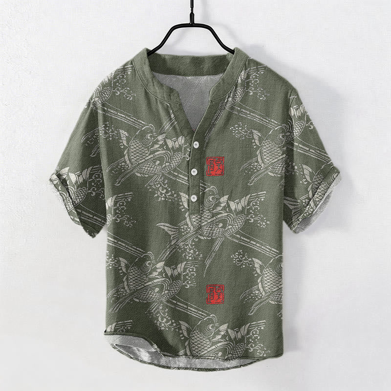 Buddha Stones コットン製鯉竹模様メンズ半袖ハーフボタンシャツ - ダークシーグリーン - US/UK/AU50、EU60（5XL） - image 4