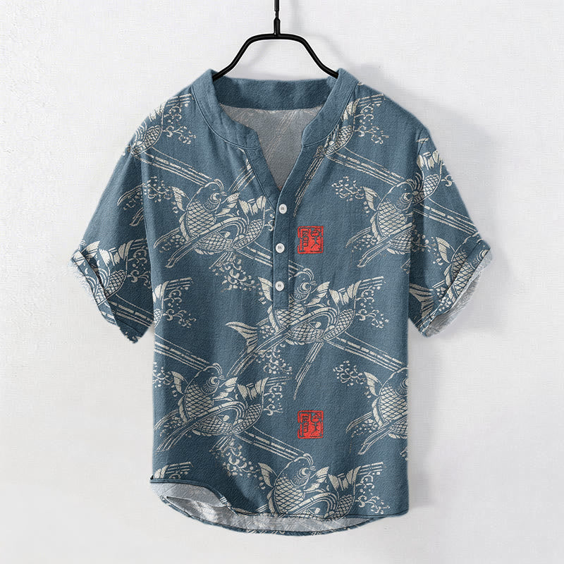 Buddha Stones コットン製鯉竹模様メンズ半袖ハーフボタンシャツ - スチールブルー - US/UK/AU50、EU60（5XL） - image 6