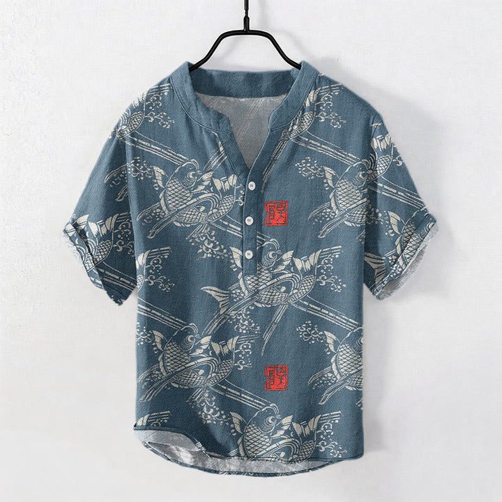 Buddha Stones コットン製鯉竹模様メンズ半袖ハーフボタンシャツ - スチールブルー - US/UK/AU50、EU60（5XL） - image 6
