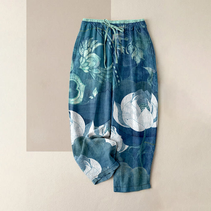 Buddha Stones 綿素材、カジュアルな白蓮の葉柄、レディース用ゴムウエストパンツ（ポケット付き） - ダークターコイズ - US16、 UK/AU20、 EU48 (3XL) - image 4