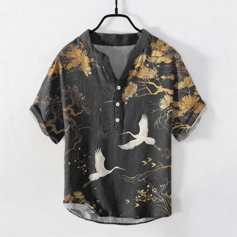Buddha Stones コットンパインツリーと白鶴柄のメンズ半袖ハーフボタンシャツ - 黒 - US/UK/AU50、EU60（5XL） - image 0