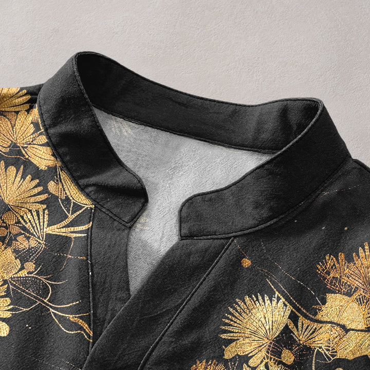 Buddha Stones コットンパインツリーと白鶴柄のメンズ半袖ハーフボタンシャツ - image 2