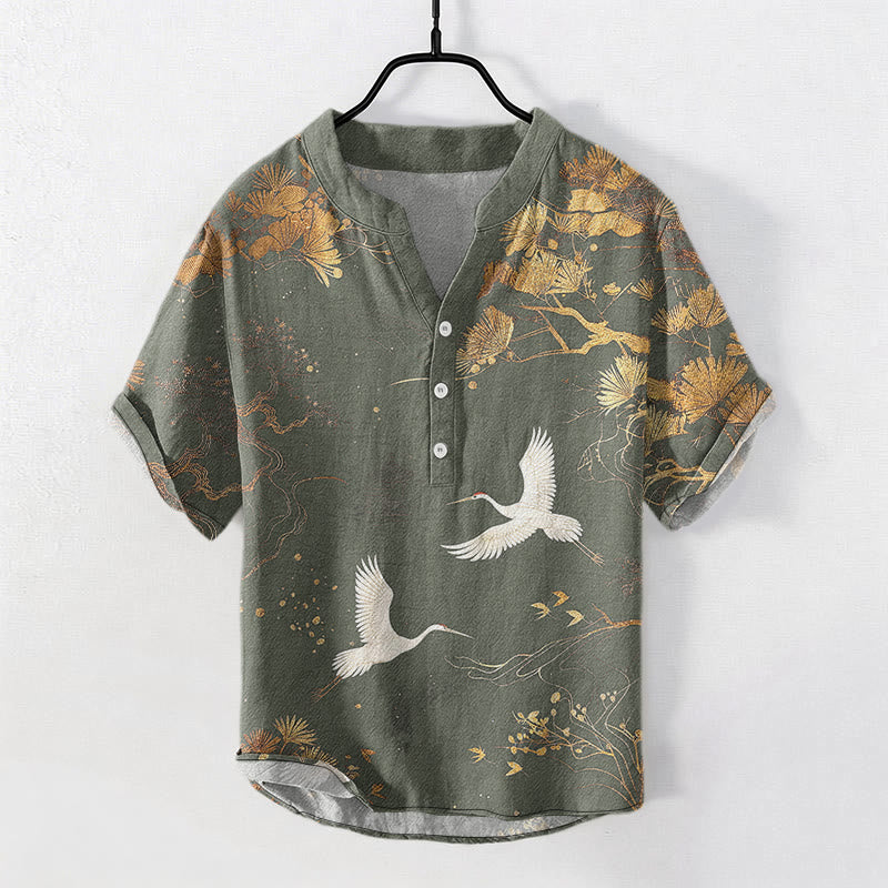 Buddha Stones コットンパインツリーと白鶴柄のメンズ半袖ハーフボタンシャツ - ダークシーグリーン - US/UK/AU50、EU60（5XL） - image 6