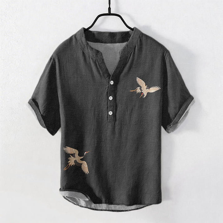 Buddha Stones コットン素材 シンプル 鶴 赤日松柄 メンズ 半袖 ハーフボタンシャツ - 薄暗い灰色 - US/UK/AU50、EU60（5XL） - image 0