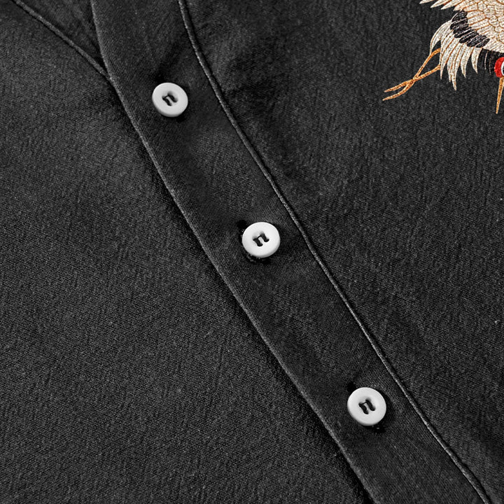 Buddha Stones コットン素材 シンプル 鶴 赤日松柄 メンズ 半袖 ハーフボタンシャツ - image 3