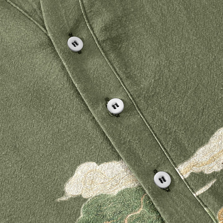 Buddha Stones 綿鶴と吉祥雲の風景柄 メンズ半袖ハーフボタンシャツ - image 3